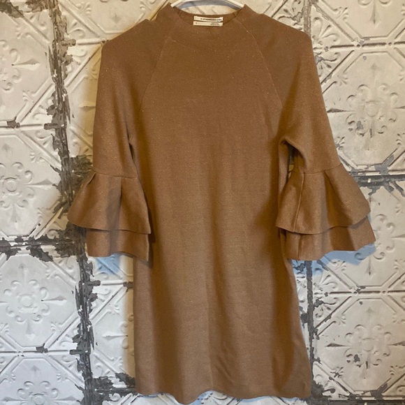 Anthropologie Dresses & Skirts - Gorgeous tan and metallic mock neck ruffle sleeve dress